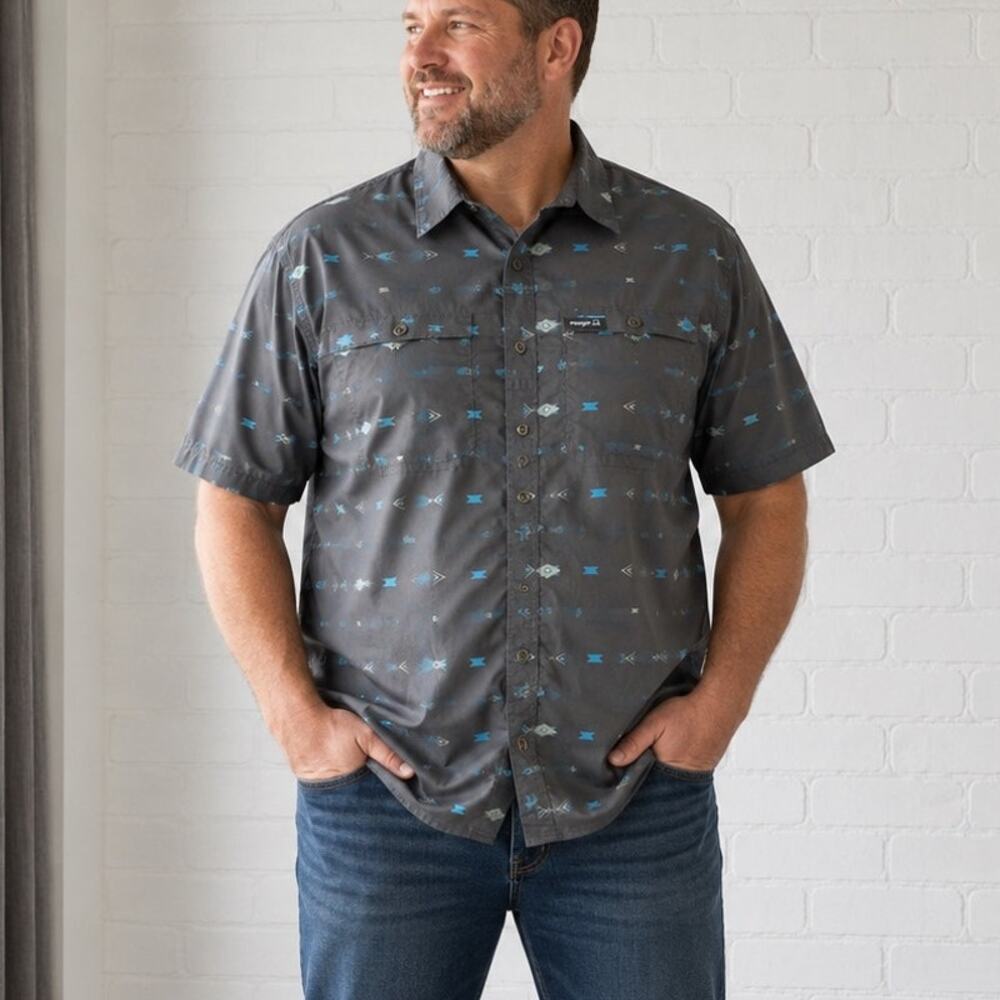 Wrangler Outdoor Mens 3XL Gray Aztec Print Button Up Shirt Western Short Sleeve